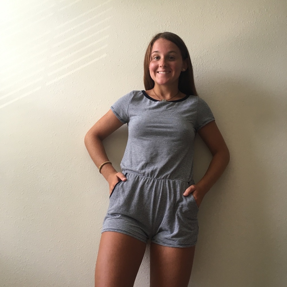Navy blue and white striped romper